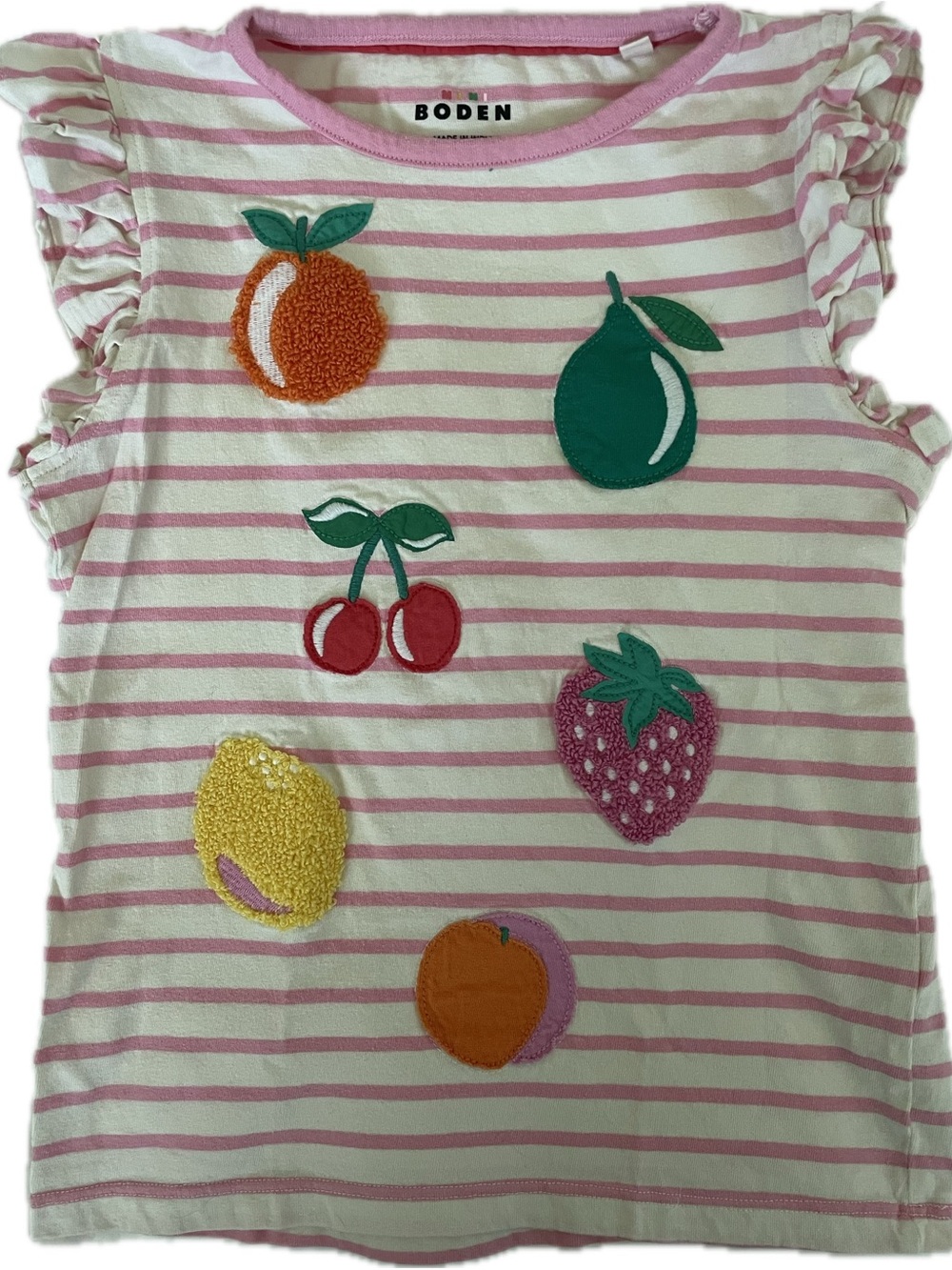 Mini Boden Pink and Cream Striped Fruit Appliqué Tank